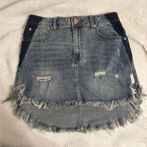 One Teaspoon Two-Tone Distressed High-Low Denim Skirt - Blue